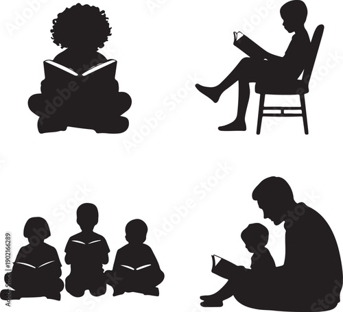 Silhouettes of people reading books in various poses and settings