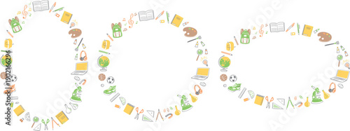 学校生活の文房具や学用品　イラストの丸フレームセット	黄色・緑色