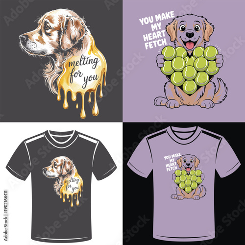 Golden retriever melting like honey and dog holding heart of tennis balls Keywords: golden