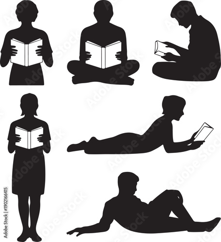 Silhouettes of people reading books in various positions on white background