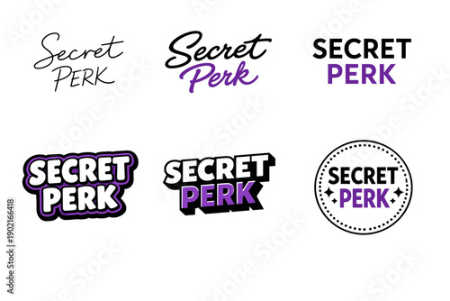 Secret perk logo designs: creative typography variations in black and purple
