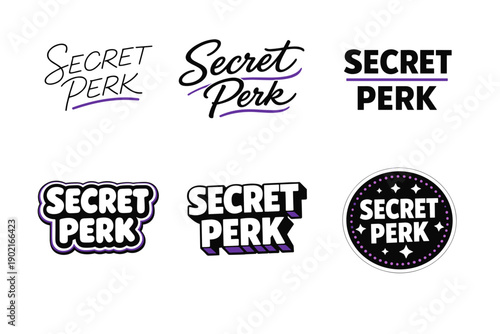 Secret perk logo designs with bold typography and purple accents
