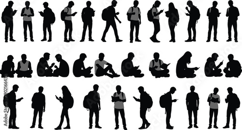 Silhouettes of male and female students standing and sitting while using smartphones tablets and reading books for education and campus life