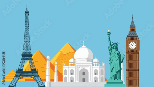 A cartoon cityscape showcasing international monuments against a blue sky