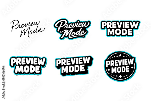 Preview mode logos collection with bold typography and decorative elements