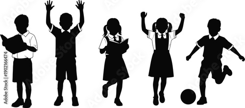 Silhouettes of Happy School Children in Uniforms Reading, Playing Football, and Cheering, Representing Education, Learning, Childhood, Fun, and Back to School Concepts Vector Set.