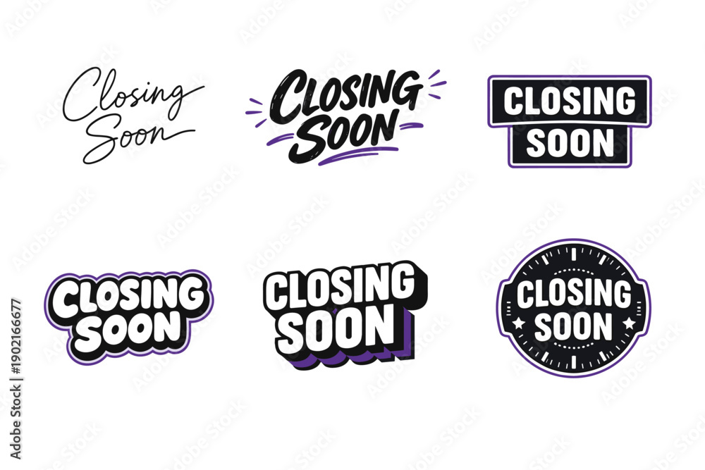 Obraz premium Diverse 'closing soon' typography designs in bold and script styles