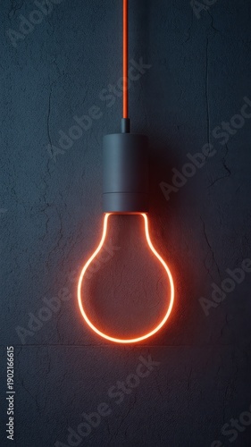 Minimalistic glowing neon light in the shape of a bulb hanging from a red cord against a textured dark wall, symbolizing innovation, creativity and modern industrial design