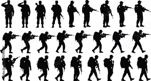 Silhouettes of military soldiers in uniform saluting, marching with rifles, and carrying tactical backpacks, army infantry set for defense and war