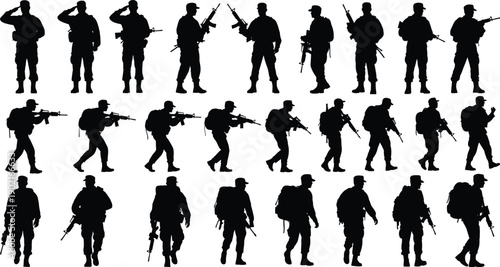 Silhouettes of military soldiers in uniform saluting and marching with rifles and backpacks, tactical army infantry pack for war and defense