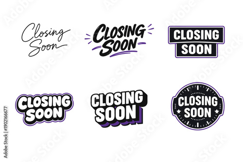 Diverse 'closing soon' typography designs in bold and script styles