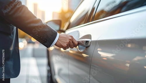 Close up of a professional chauffeur in black suit opening a premium car door during business travel