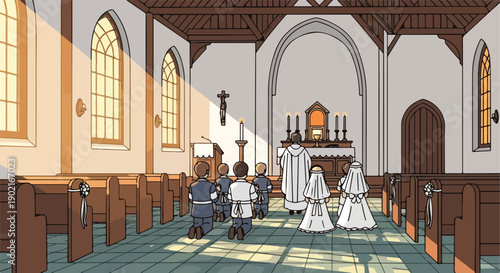 A cartoon depiction of a church interior during a religious ceremony