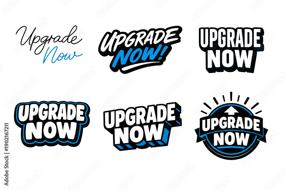 Fototapeta premium Upgrade now collection: bold blue and black text designs