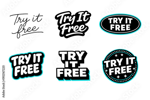 Collection of bold 'try it free' labels with varied typography styles