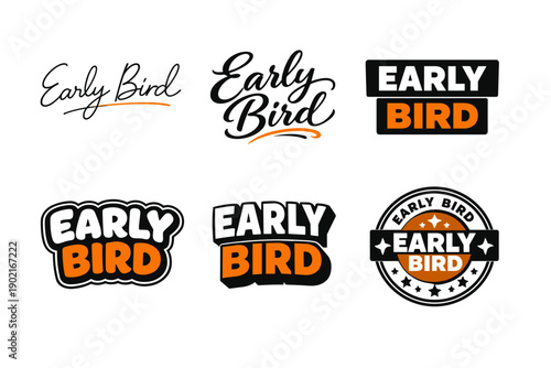 Set of early bird typography logos in various styles and designs