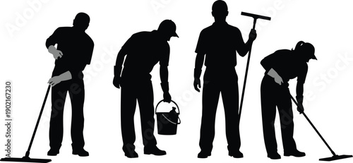 Silhouettes of professional cleaning service crew with mops, buckets, and squeegees performing janitorial work, industrial sanitation, and commercial maintenance team isolated