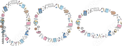 学校生活の文房具や学用品　線画イラストの丸フレームセット　水色・ピンク