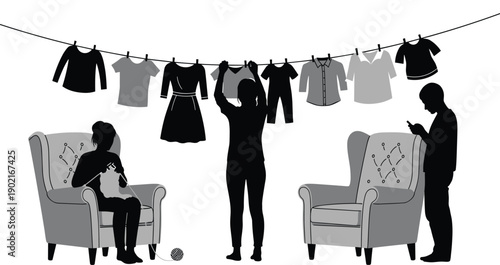 Silhouettes of women doing laundry by hanging clothes on line, knitting in armchair, and using mobile phone in domestic home setting, vector