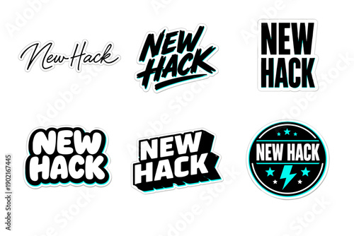 New hack sticker designs with bold typography and stylized graphics