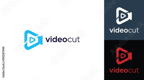 Modern minimal logo design featuring stylized video camera icon with integrated play button and bold text “videocut,” adaptable in blue, white, and red color schemes for branding, editing, and marketi