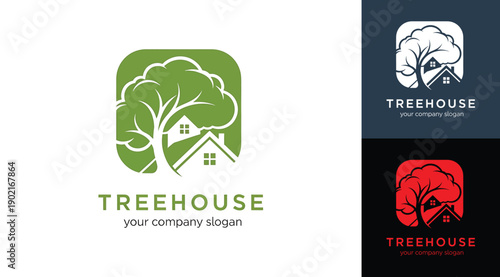 Collection of treehouse logos in various colors and designs on different backgrounds