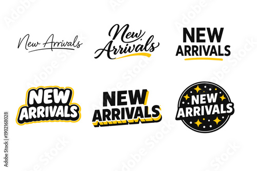 Variety of new arrivals text designs with yellow accents and stars