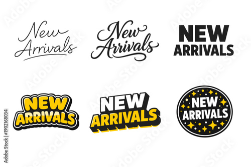 Variety of new arrivals logos in different styles and fonts