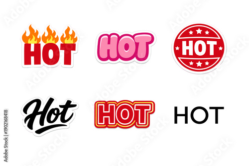 Variety of bold 'hot' text designs with vibrant colors
