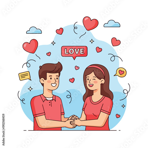 A cartoon illustration of a couple holding hands in a loving embrace