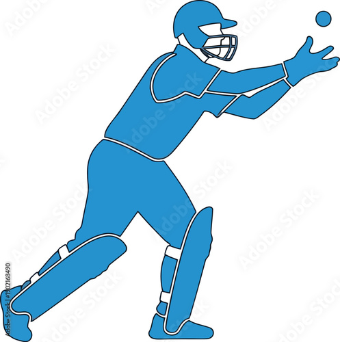 A blue silhouette of a cricket player catching a ball