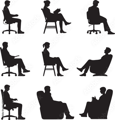 Silhouettes of people sitting in various chairs and positions