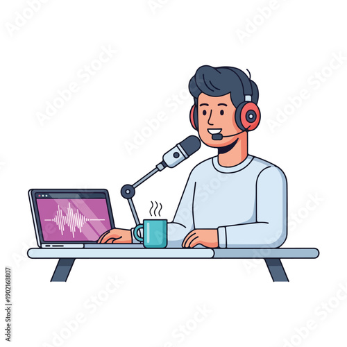 A cartoon illustration of a person recording a podcast from a desk