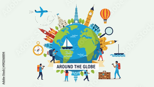 A cartoon illustration of globe with landmarks, people, and transport