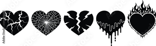 Heart silhouette icon set, broken fragile cracked flaming dripping designs, emotional symbol illustration pack, black and white artwork