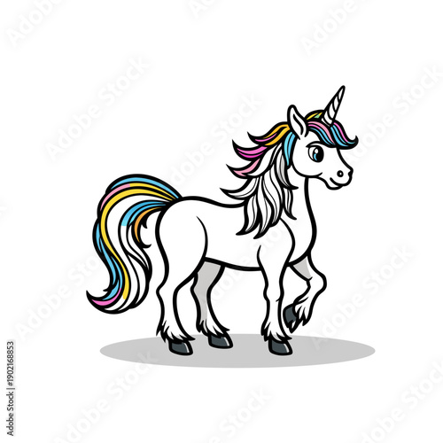 A whimsical cartoon illustration of a white unicorn with a rainbow mane and tail, standing proudly.