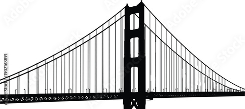 Golden Gate Bridge silhouette, San Francisco landmark icon, suspension bridge illustration, American infrastructure graphic, black and white design artwork