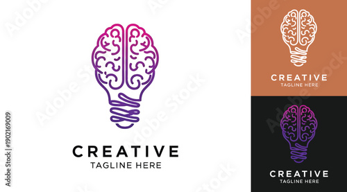 A creative light bulb with brain inside and tagline on white background for business or education use