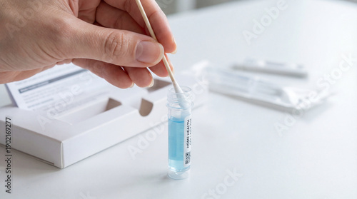 Hand holding swab over home health test kit with blue liquid
