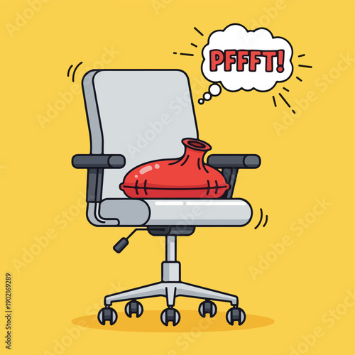 A cartoon office chair with an object and a "PFFFT!" thought bubble