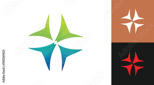 Colorful starburst shapes in green blue red and white on white background