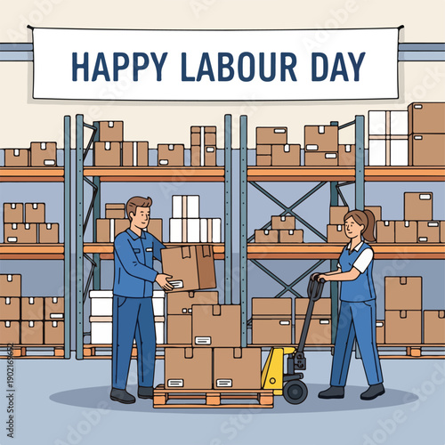 A cartoon shows a warehouse scene with workers and boxes, celebrating a holiday
