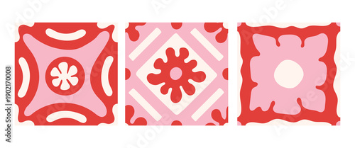 Abstract Pink and Red Flowers Seamless Patterns Set. Curvy Playful Drawn Naive Floral Geometric Backgrounds collection with wavy flowing petals. Romantic Vector illustration