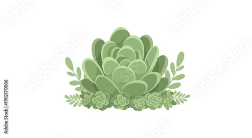 Close-up view of a vibrant green succulent illustration with layered leaves and surrounding foliage