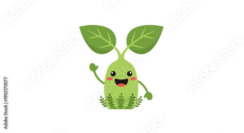 Cheerful cactus character smiling on grassy patch in cartoon illustration, front view