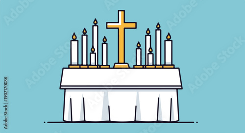 A cartoon-style depiction of candles, a cross, and a table