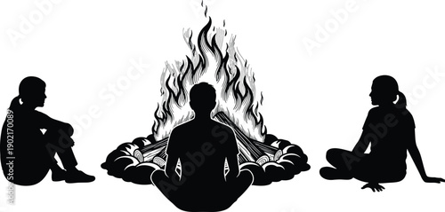 Campfire silhouette illustration, people sitting around fire, outdoor gathering graphic, storytelling scene, community warmth symbol design