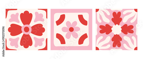 Drawn Floral Pink Abstract Seamless Patterns Set. Mediterranean Tile Geometric Backgrounds collection with curvy Flower Petals and Minimal Organic Shapes. Vector illustration