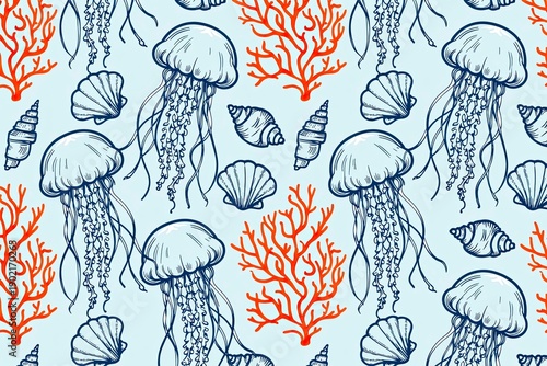 Seamless marine pattern with hand drawn jellyfish, orange corals and seashells on a light blue background, creative underwater vector illustration.