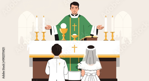 A cartoon-style illustration of a wedding ceremony in a church